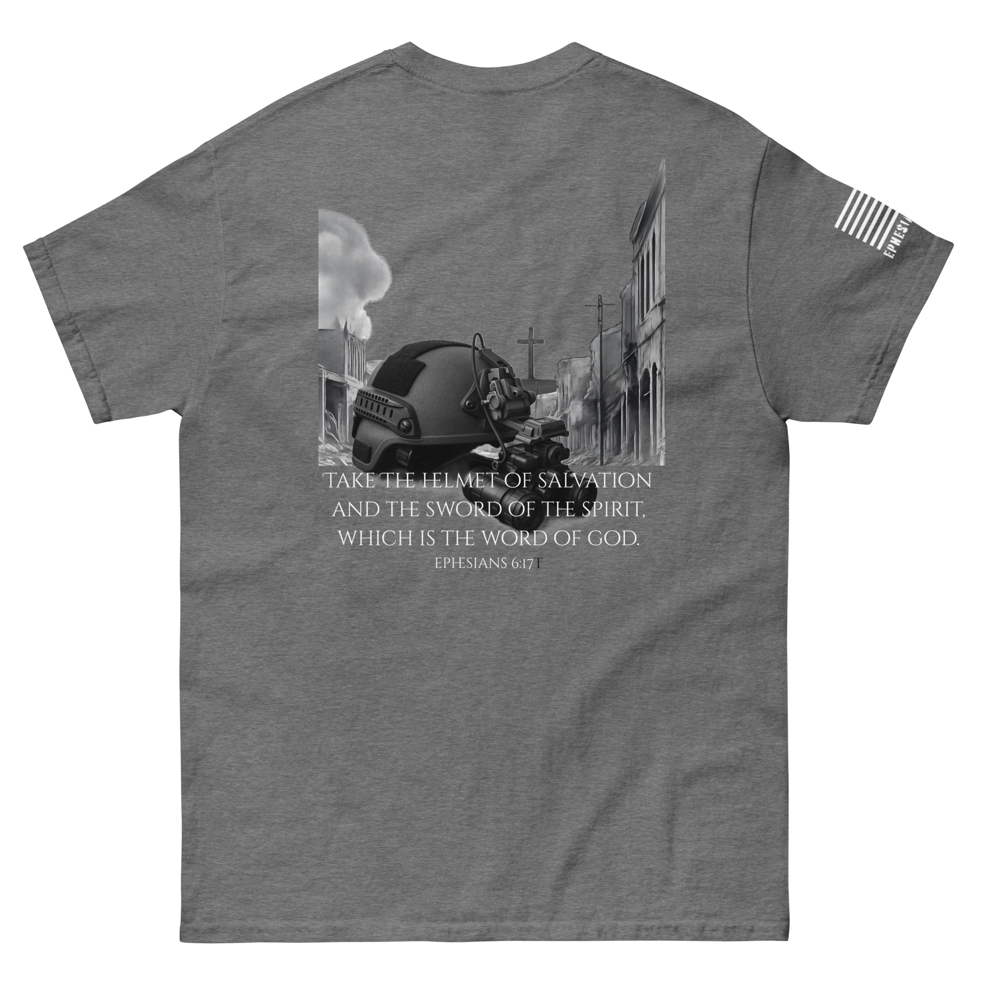 Ephesians 6:17 tee from FFO’s The Narrow Path Collection— features operator’s helmet in urban war zone backdrop with Scripture overlay